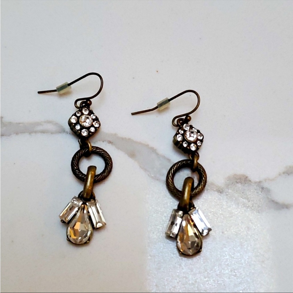 Antique Metal and Crystal Dangle Earrings